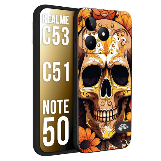 CUSTOMIZZA - Custodia cover nera morbida in tpu compatibile per Oppo Realme C53 - C51 - NOTE 50 teschio messicano colorato dorato fiori tattoo disegnato