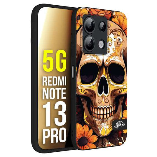 CUSTOMIZZA - Custodia cover nera morbida in tpu compatibile per Xiaomi Redmi Note 13 PRO 5G teschio messicano colorato dorato fiori tattoo disegnato