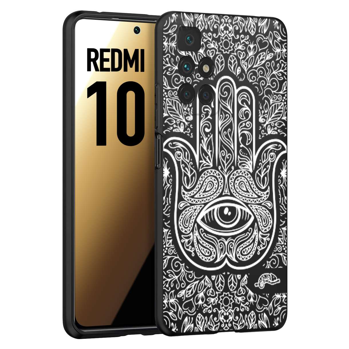 CUSTOMIZZA - Custodia cover nera morbida in tpu compatibile per Xiaomi Redmi 10 mano di fatima effetto rilievo mandala donna