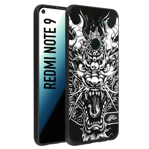 CUSTOMIZZA - Custodia cover nera morbida in tpu compatibile per Xiaomi Redmi Note 9 drago black and white bianco a rilievo disegnato tattoo tatuaggio