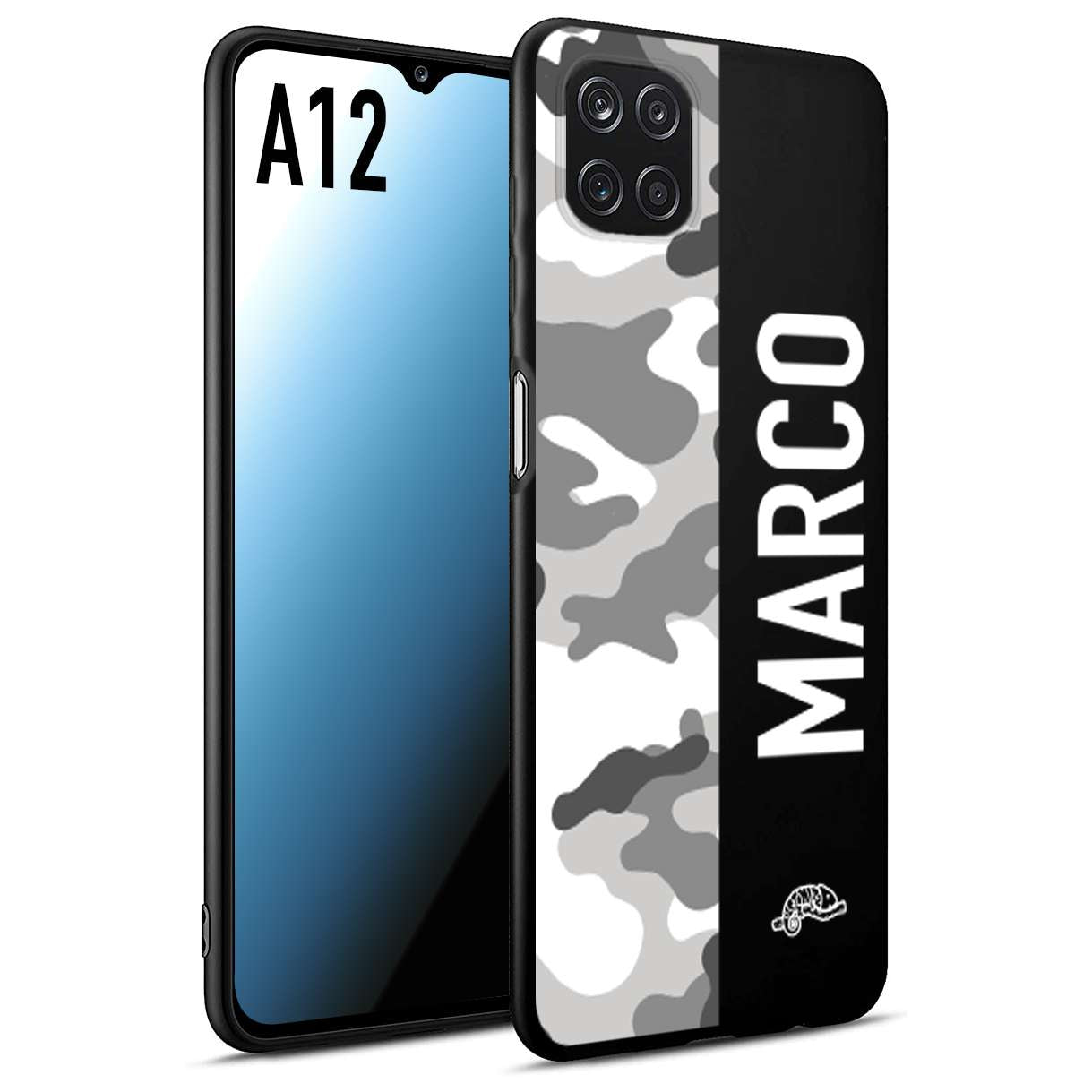 CUSTOMIZZA - Custodia cover nera morbida in tpu compatibile per Samsung A12 camouflage mimetico militare personalizzata nome bianco