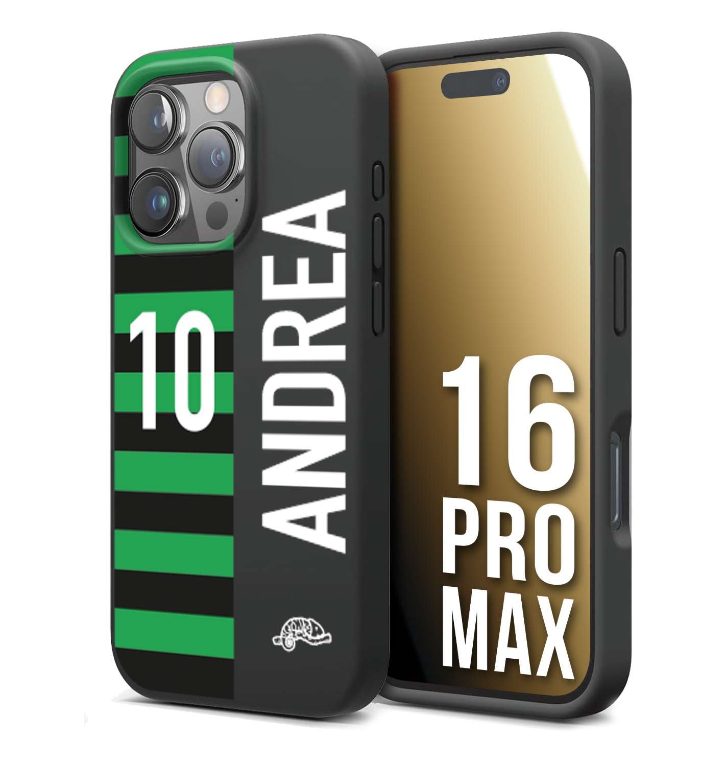 CUSTOMIZZA - Custodia cover nera morbida in tpu compatibile per iPhone 16 PRO MAX personalizzata calcio football nome e numero calciatori neroverde