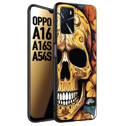 CUSTOMIZZA - Custodia cover nera morbida in tpu compatibile per Oppo A16 - A16S - A54S teschio messicano colorato dorato fiori autunnali disegnato
