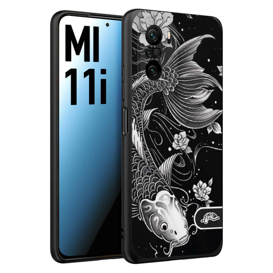 CUSTOMIZZA - Custodia cover nera morbida in tpu compatibile per Xiaomi Mi 11i carpa koi black and white bianco a rilievo disegnato tattoo tatuaggio