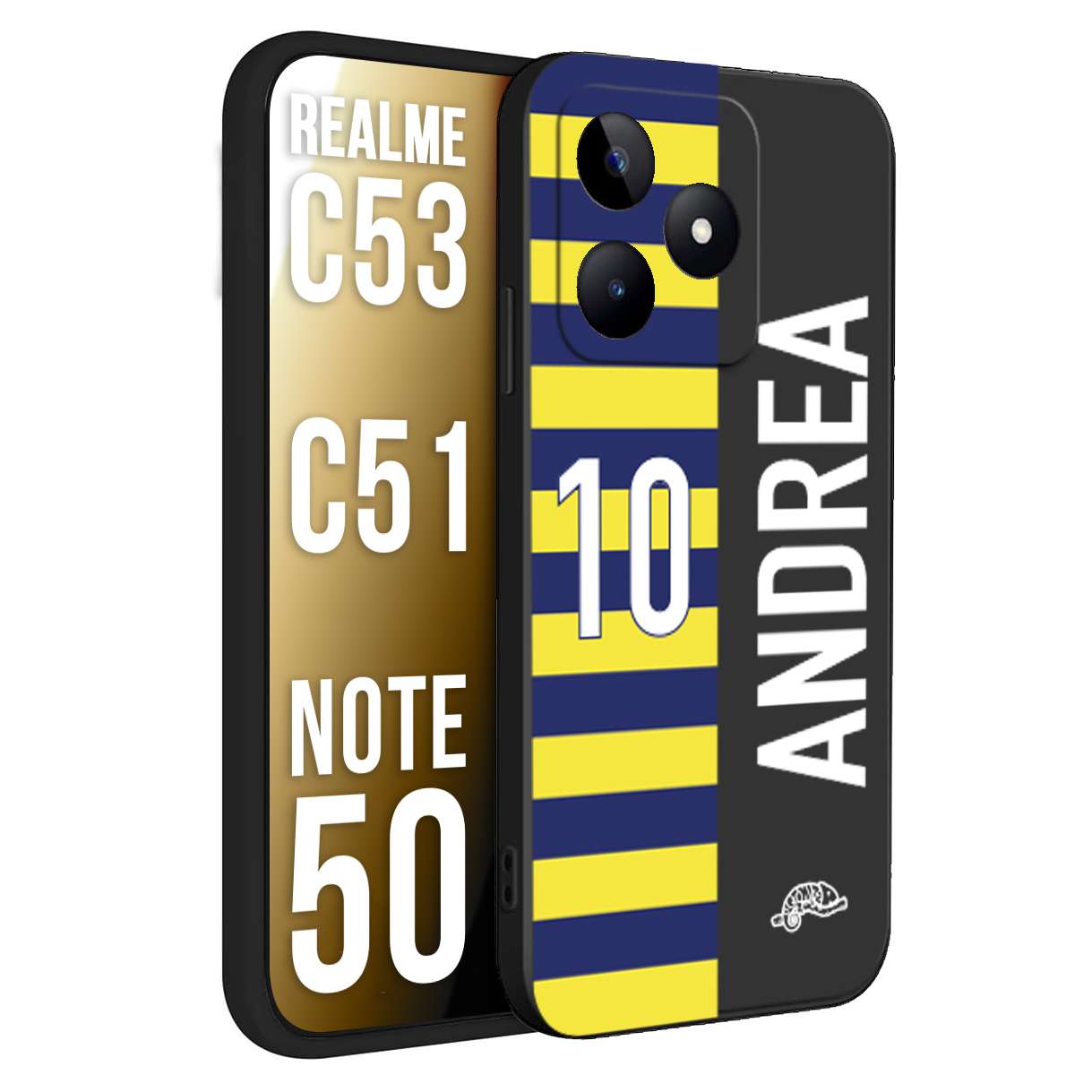 CUSTOMIZZA - Custodia cover nera morbida in tpu compatibile per Oppo Realme C53 - C51 - NOTE 50 personalizzata calcio football nome e numero calciatori giallo blu