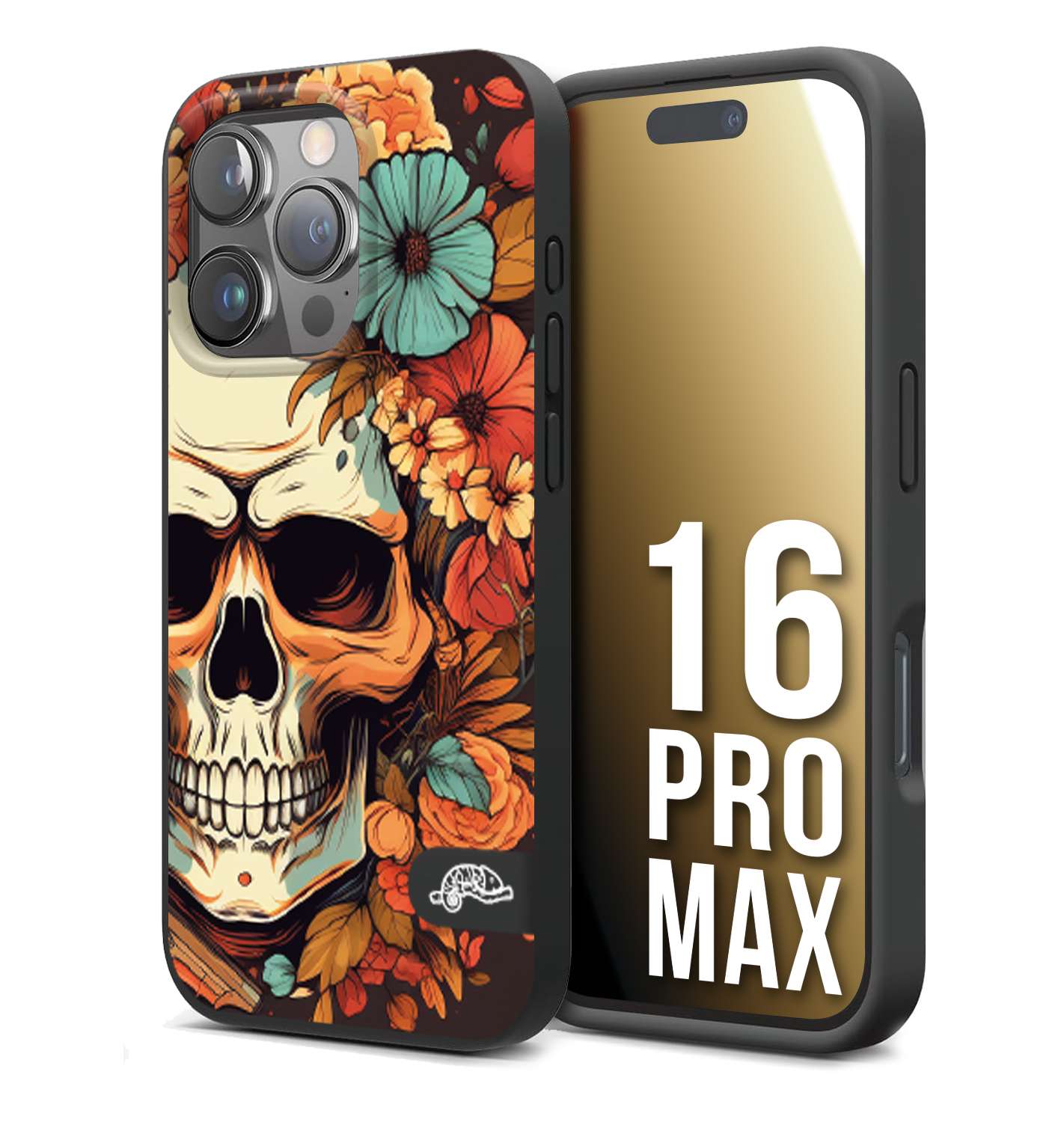 CUSTOMIZZA - Custodia cover nera morbida in tpu compatibile per iPhone 16 PRO MAX teschio skull flowers fiori autunnali arancio celeste tattoo