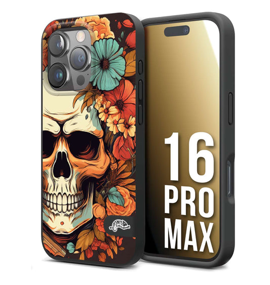 CUSTOMIZZA - Custodia cover nera morbida in tpu compatibile per iPhone 16 PRO MAX teschio skull flowers fiori autunnali arancio celeste tattoo