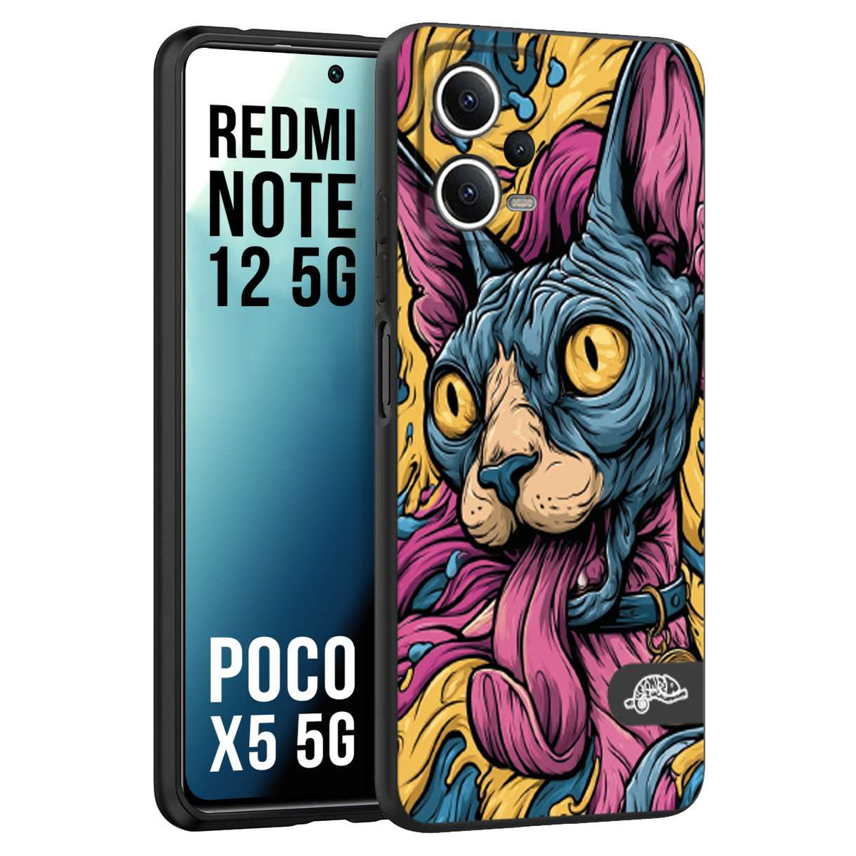 CUSTOMIZZA - Custodia cover nera morbida in tpu compatibile per Xiaomi Redmi Note 12 5G - POCO X5 5G Sphynx Colorato Pop Art Psichedelico Gatto Blu Rosa Giallo Artistica Fantasy