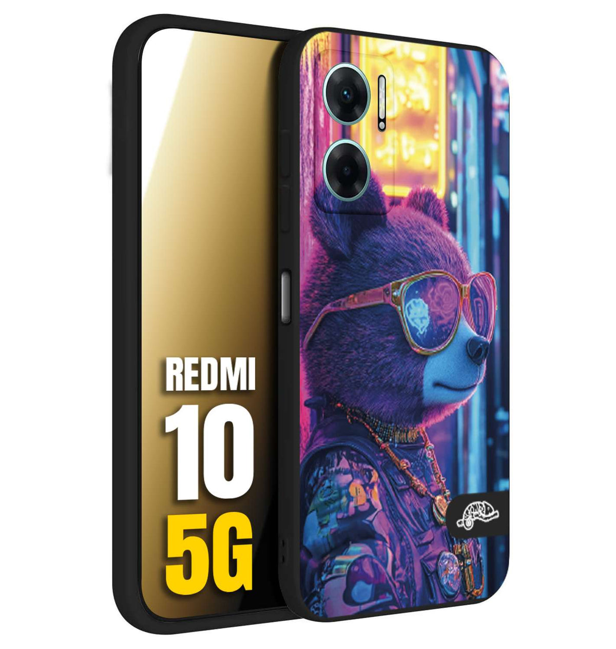 CUSTOMIZZA - Custodia cover nera morbida in tpu compatibile per Xiaomi Redmi 10 5G animali cyberpunk orsetto orso street bear fucsia blu night
