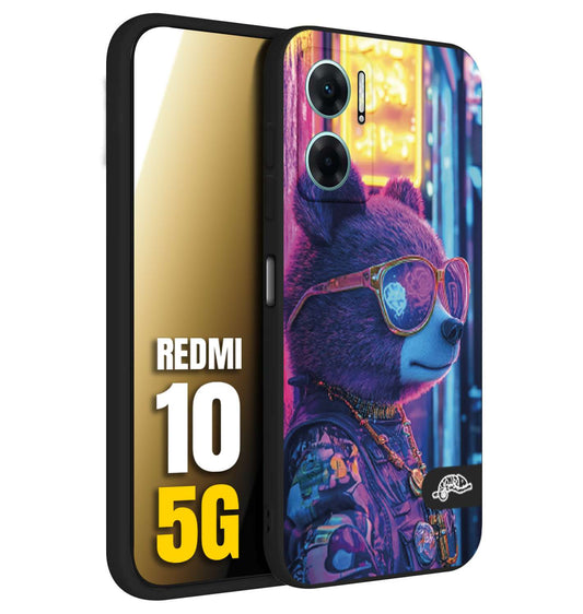 CUSTOMIZZA - Custodia cover nera morbida in tpu compatibile per Xiaomi Redmi 10 5G animali cyberpunk orsetto orso street bear fucsia blu night