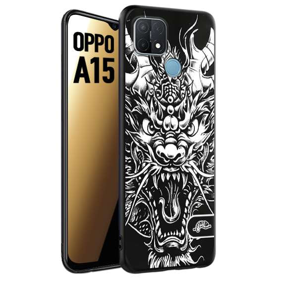 CUSTOMIZZA - Custodia cover nera morbida in tpu compatibile per Oppo A15 drago black and white bianco a rilievo disegnato tattoo tatuaggio