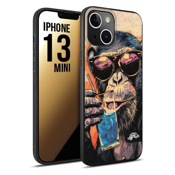 CUSTOMIZZA - Custodia cover nera morbida in tpu compatibile per iPhone 13 MINI estate disegnata cocktails animali simpatici scimmia monkey negroni