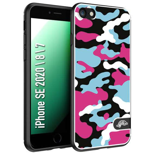 CUSTOMIZZA - Custodia cover nera morbida in tpu compatibile per iPhone 7 - 8 - SE 2020 / 2022 camouflage mimetico militare fucsia celeste