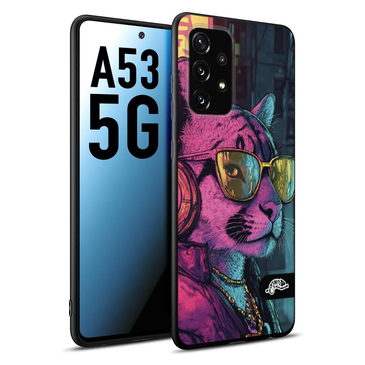 CUSTOMIZZA - Custodia cover nera morbida in tpu compatibile per Samsung A53 5G animali cyberpunk pantera street cat fucsia blu giallo