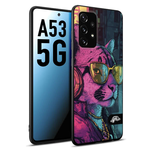 CUSTOMIZZA - Custodia cover nera morbida in tpu compatibile per Samsung A53 5G animali cyberpunk pantera street cat fucsia blu giallo