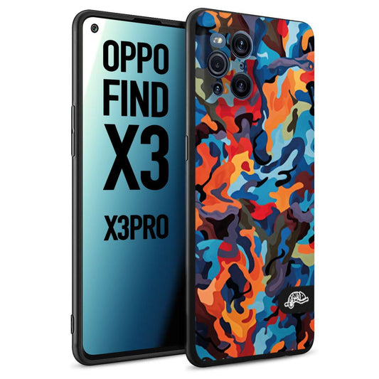 CUSTOMIZZA - Custodia cover nera morbida in tpu compatibile per Oppo Find X3 - Find X3 Pro 5G camouflage mimetico militare moderno blu arancio rosso