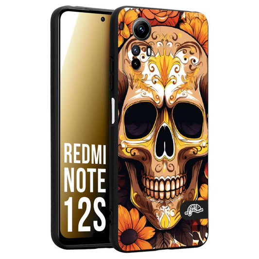 CUSTOMIZZA - Custodia cover nera morbida in tpu compatibile per Xiaomi Redmi Note 12S teschio messicano colorato dorato fiori tattoo disegnato