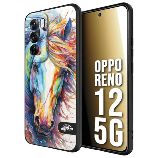 CUSTOMIZZA - Custodia cover nera morbida in tpu compatibile per Oppo Reno 12 5G animali color cavallo horse viso colori vibranti disegnato schizzo