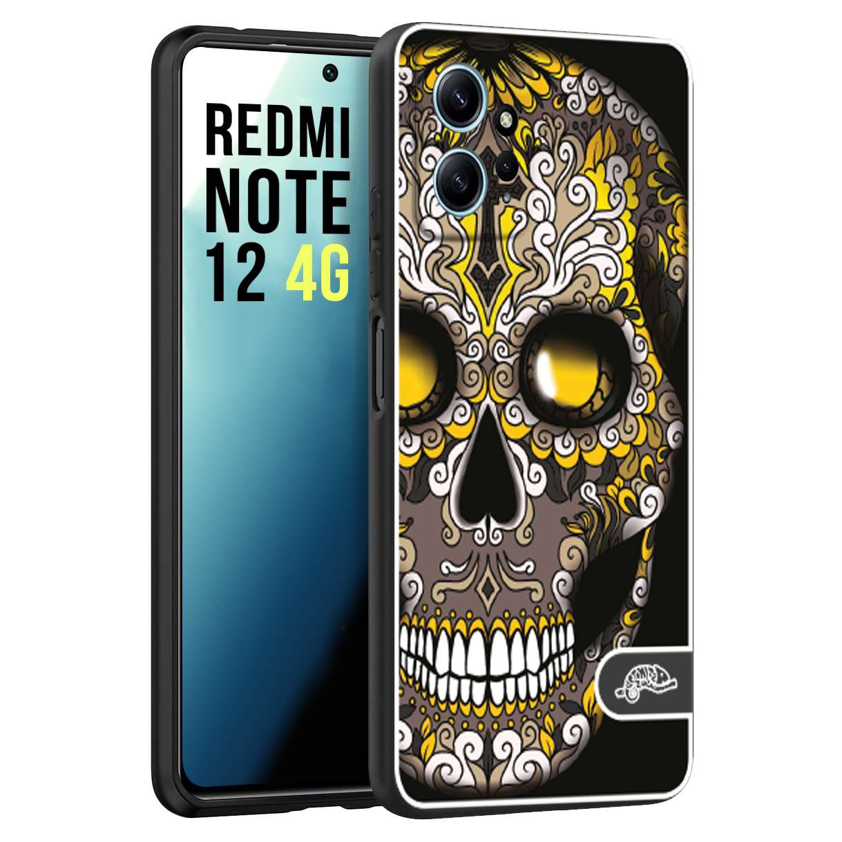 CUSTOMIZZA - Custodia cover nera morbida in tpu compatibile per Xiaomi Redmi Note 12 4G teschio messicano Mexican skull nero giallo