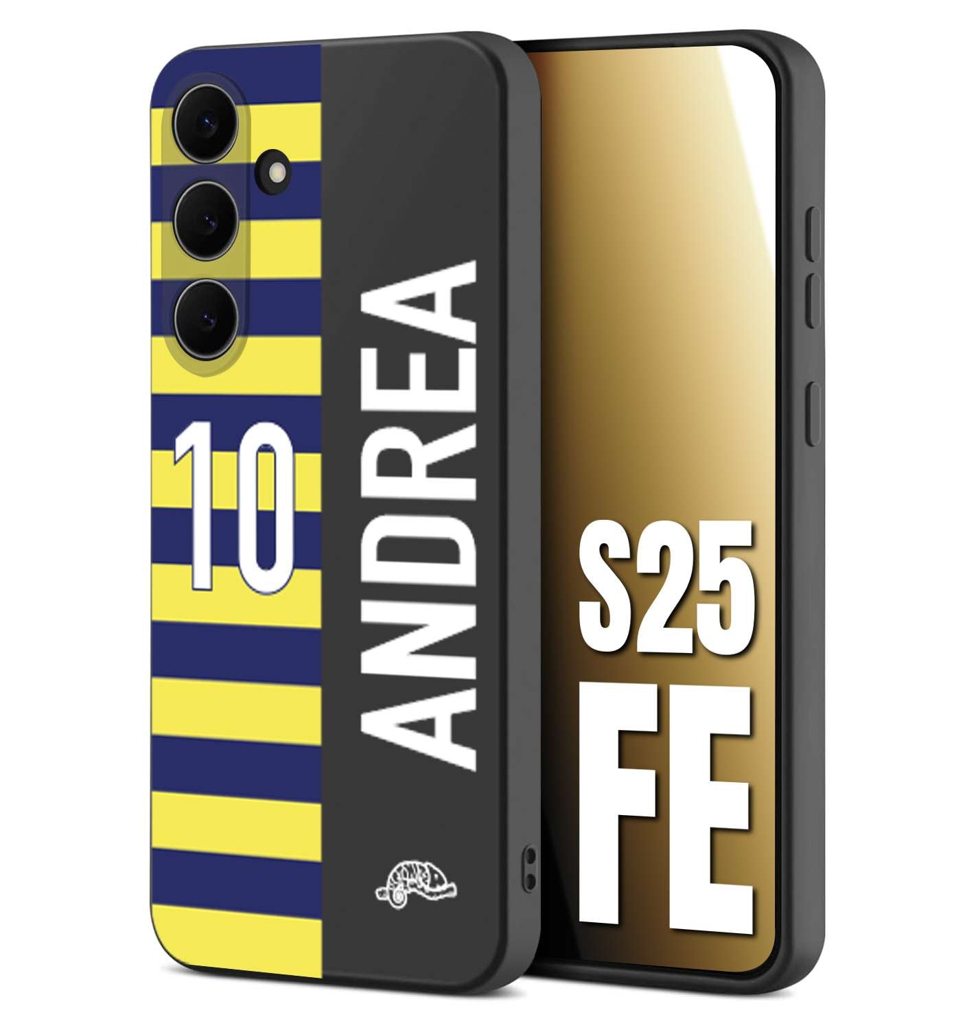 CUSTOMIZZA - Custodia cover nera morbida in tpu compatibile per Samsung S25 FE personalizzata calcio football nome e numero calciatori giallo blu