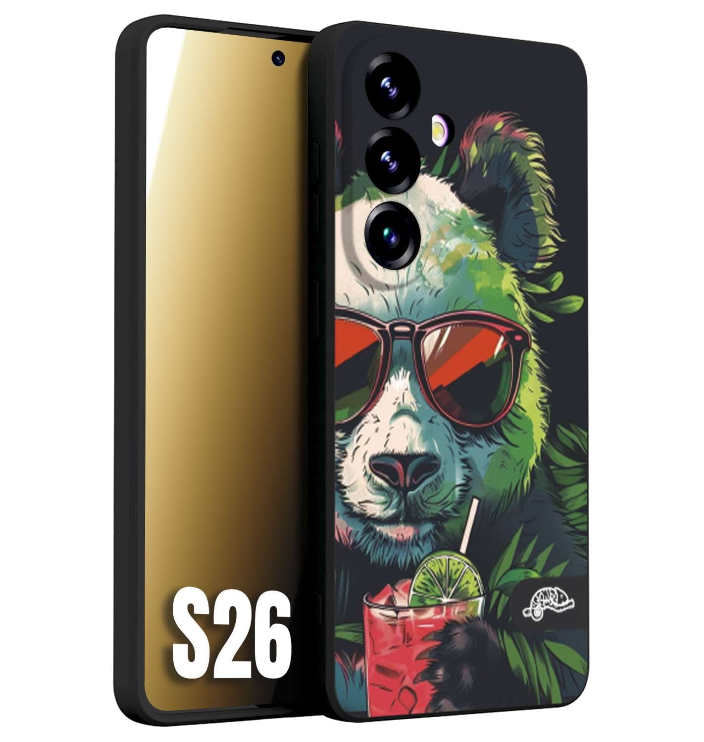 CUSTOMIZZA - Custodia cover nera morbida in tpu compatibile per Samsung S26 estate disegnata cocktails animali simpatici panda mojito