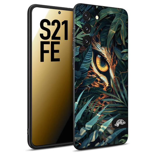 CUSTOMIZZA - Custodia cover nera morbida in tpu compatibile per Samsung S21 FE animali color giungla tropicale occhio di giaguaro felino disegnato