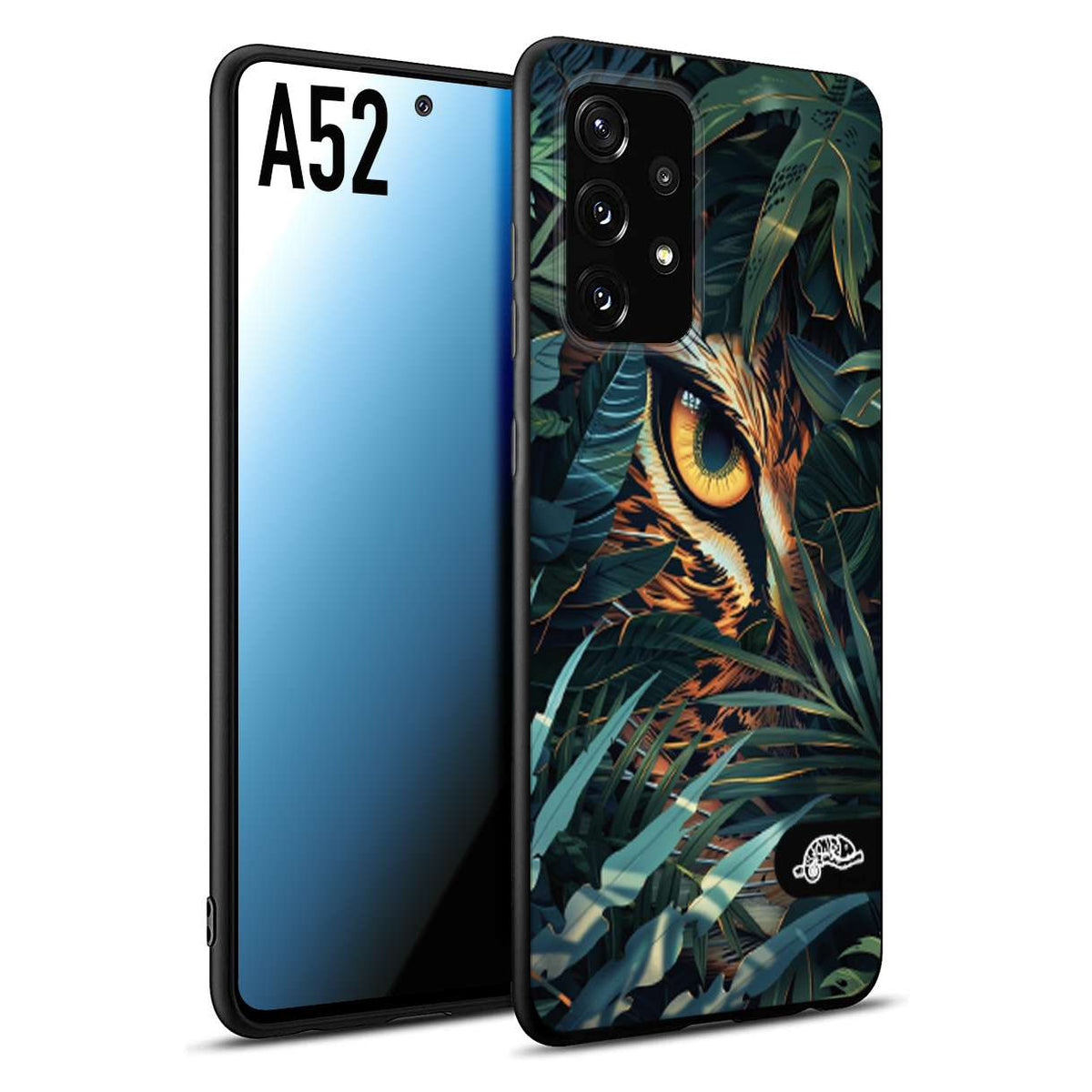 CUSTOMIZZA - Custodia cover nera morbida in tpu compatibile per Samsung A52 animali color giungla tropicale occhio di giaguaro felino disegnato