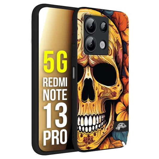 CUSTOMIZZA - Custodia cover nera morbida in tpu compatibile per Xiaomi Redmi Note 13 PRO 5G teschio messicano colorato dorato fiori autunnali disegnato