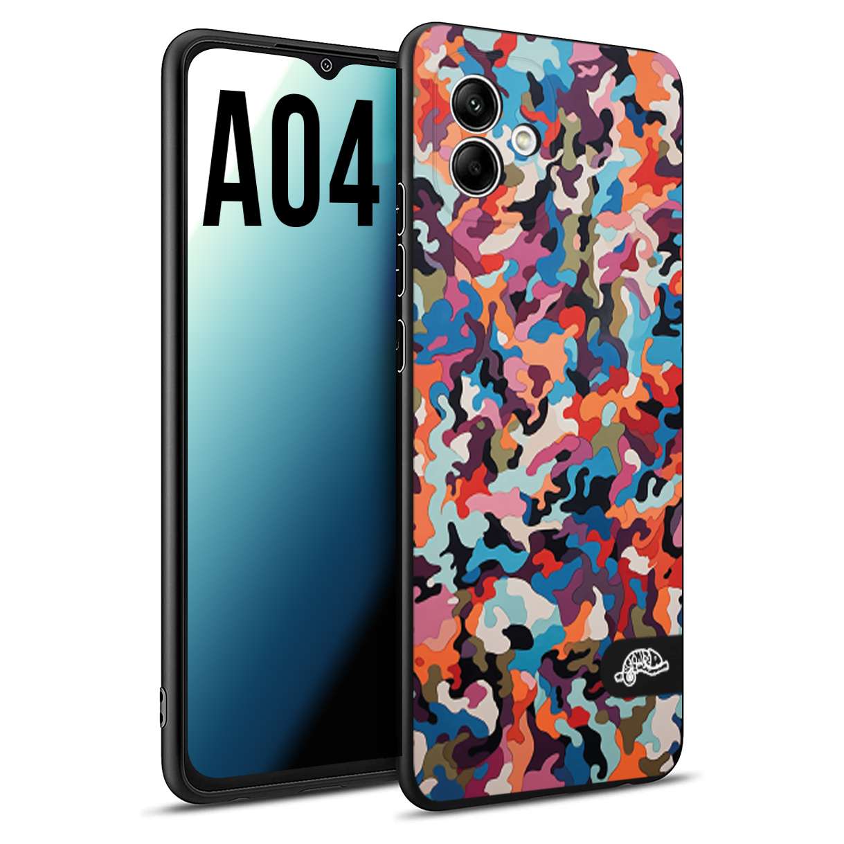 CUSTOMIZZA - Custodia cover nera morbida in tpu compatibile per Samsung A04 camouflage mimetico militare moderno blu arancio rosa