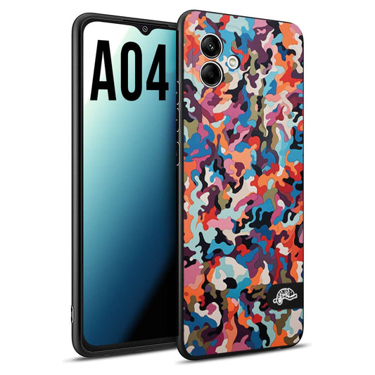 CUSTOMIZZA - Custodia cover nera morbida in tpu compatibile per Samsung A04 camouflage mimetico militare moderno blu arancio rosa