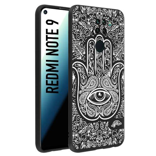 CUSTOMIZZA - Custodia cover nera morbida in tpu compatibile per Xiaomi Redmi Note 9 mano di fatima effetto rilievo mandala donna