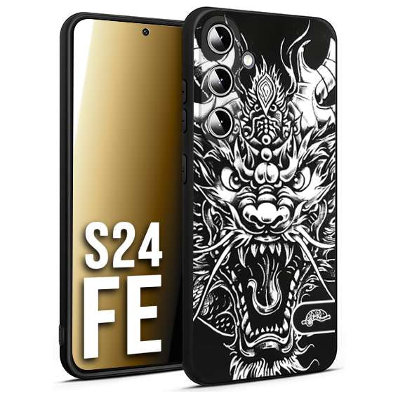 CUSTOMIZZA - Custodia cover nera morbida in tpu compatibile per Samsung S24 FE drago black and white bianco a rilievo disegnato tattoo tatuaggio