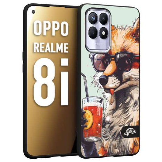 CUSTOMIZZA - Custodia cover nera morbida in tpu compatibile per Oppo Realme 8i estate disegnata cocktails animali simpatici fox volpe negroni