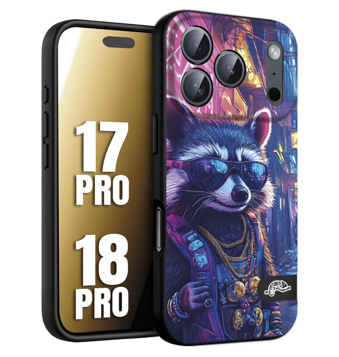 CUSTOMIZZA - Custodia cover nera morbida in tpu compatibile per iPhone 17 PRO - 18 PRO animali simpatici cyberpunk procione racoon street cat fucsia blu giallo