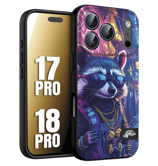 CUSTOMIZZA - Custodia cover nera morbida in tpu compatibile per iPhone 17 PRO - 18 PRO animali simpatici cyberpunk procione racoon street cat fucsia blu giallo