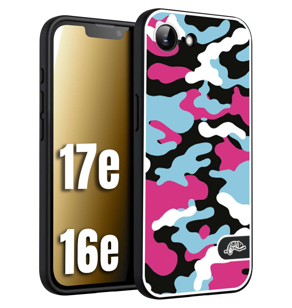 CUSTOMIZZA - Custodia cover nera morbida in tpu compatibile per iPhone 16E - 17E camouflage mimetico militare fucsia celeste