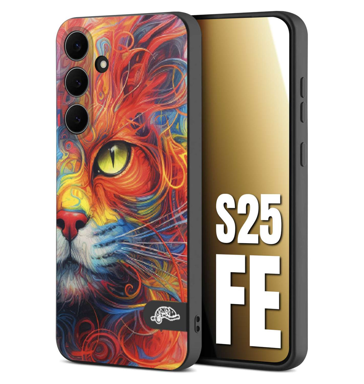 CUSTOMIZZA - Custodia cover nera morbida in tpu compatibile per Samsung S25 FE animali color cat gatto viso colori vibranti disegnato schizzo