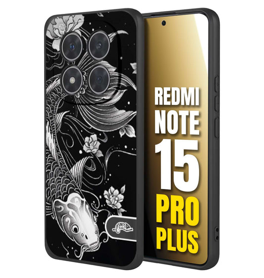 CUSTOMIZZA - Custodia cover nera morbida in tpu compatibile per Xiaomi Redmi Note 15 PRO PLUS carpa koi black and white bianco a rilievo disegnato tattoo tatuaggio