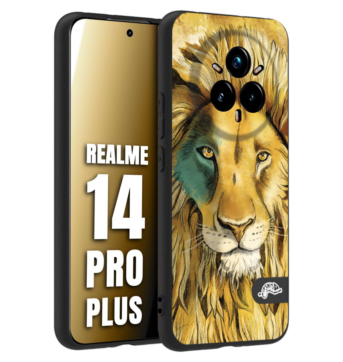 CUSTOMIZZA - Custodia cover nera morbida in tpu compatibile per Realme 14 PRO PLUS leone lion disegnato a mano giallo blu a rilievo artistico brown