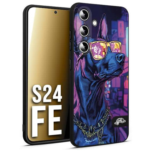 CUSTOMIZZA - Custodia cover nera morbida in tpu compatibile per Samsung S24 FE animali cyberpunk dobermann cane street dog fucsia blu night