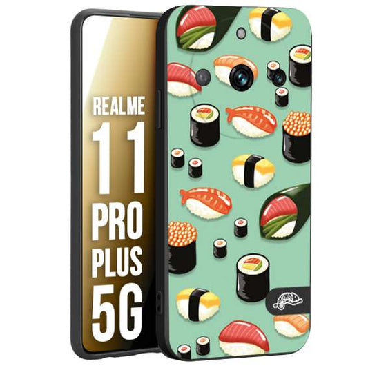 CUSTOMIZZA - Custodia cover nera morbida in tpu compatibile per Oppo Realme 11 PRO PLUS 5G sushi disegni giapponese nighiri acquamarina verde