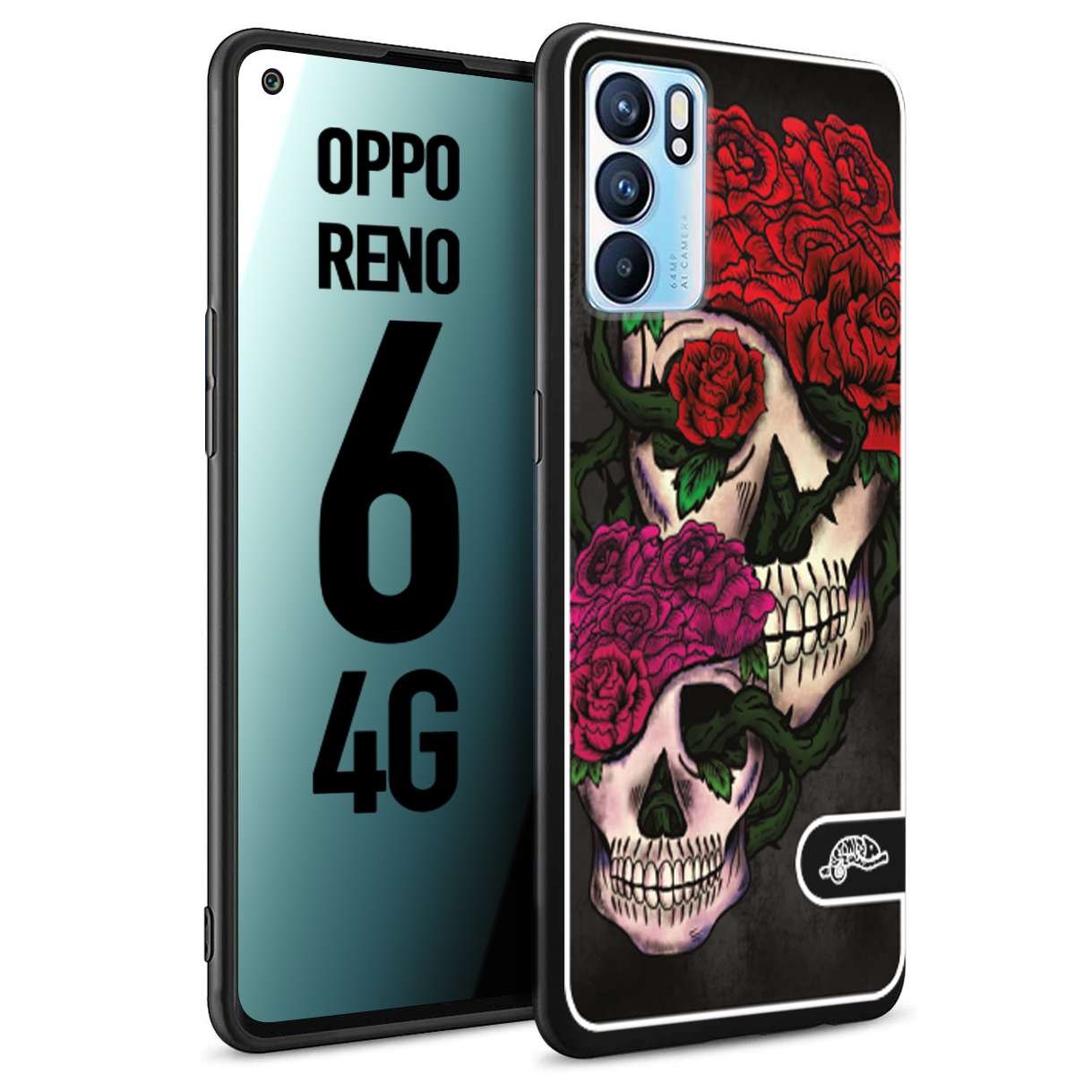 CUSTOMIZZA - Custodia cover nera morbida in tpu compatibile per Oppo Reno 6 4G teschi e rose rosse fucsia skull and roses