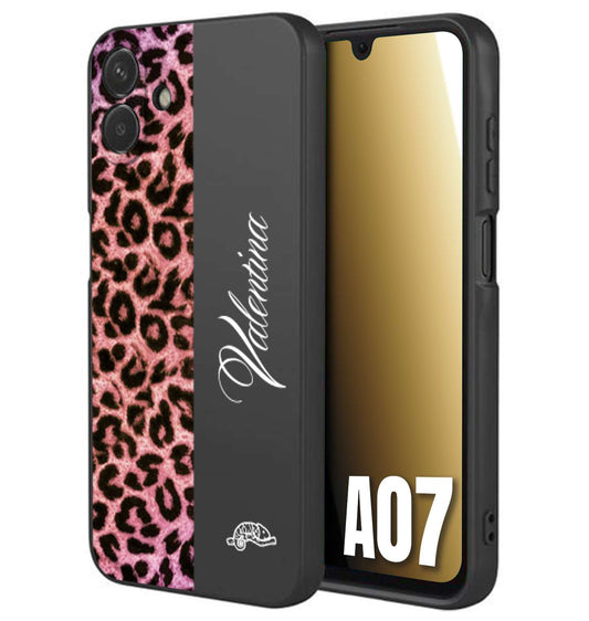 CUSTOMIZZA - Custodia cover nera morbida in tpu compatibile per Samsung A07 leopardato rosa fucsia personalizzata nome iniziali