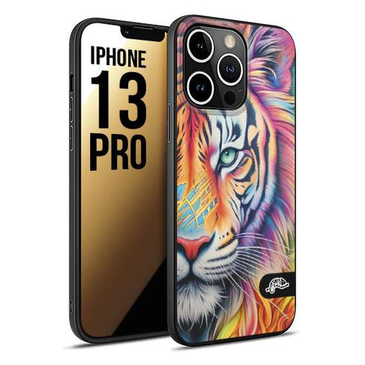 CUSTOMIZZA - Custodia cover nera morbida in tpu compatibile per iPhone 13 PRO animali color tigre tiger viso colori vibranti disegnato schizzo