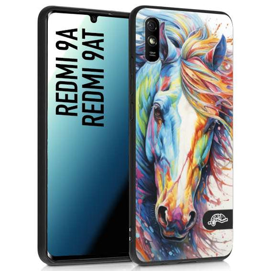 CUSTOMIZZA - Custodia cover nera morbida in tpu compatibile per Xiaomi Redmi 9A - 9AT animali color cavallo horse viso colori vibranti disegnato schizzo