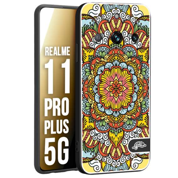 CUSTOMIZZA - Custodia cover nera morbida in tpu compatibile per Oppo Realme 11 PRO PLUS 5G mandala colorato fiore nuvole arancione
