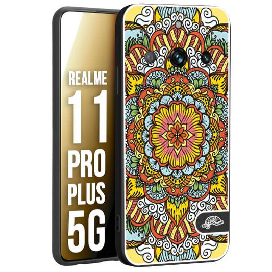 CUSTOMIZZA - Custodia cover nera morbida in tpu compatibile per Oppo Realme 11 PRO PLUS 5G mandala colorato fiore nuvole arancione