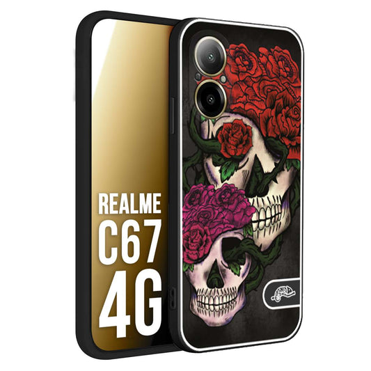 CUSTOMIZZA - Custodia cover nera morbida in tpu compatibile per Realme C67 4G teschi e rose rosse fucsia skull and roses