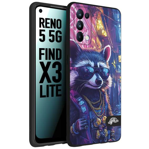 CUSTOMIZZA - Custodia cover nera morbida in tpu compatibile per Oppo Reno 5 5G animali simpatici cyberpunk procione racoon street cat fucsia blu giallo