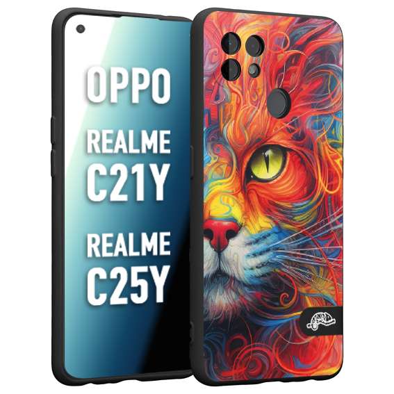 CUSTOMIZZA - Custodia cover nera morbida in tpu compatibile per Oppo Realme C21Y - C25Y animali color cat gatto viso colori vibranti disegnato schizzo